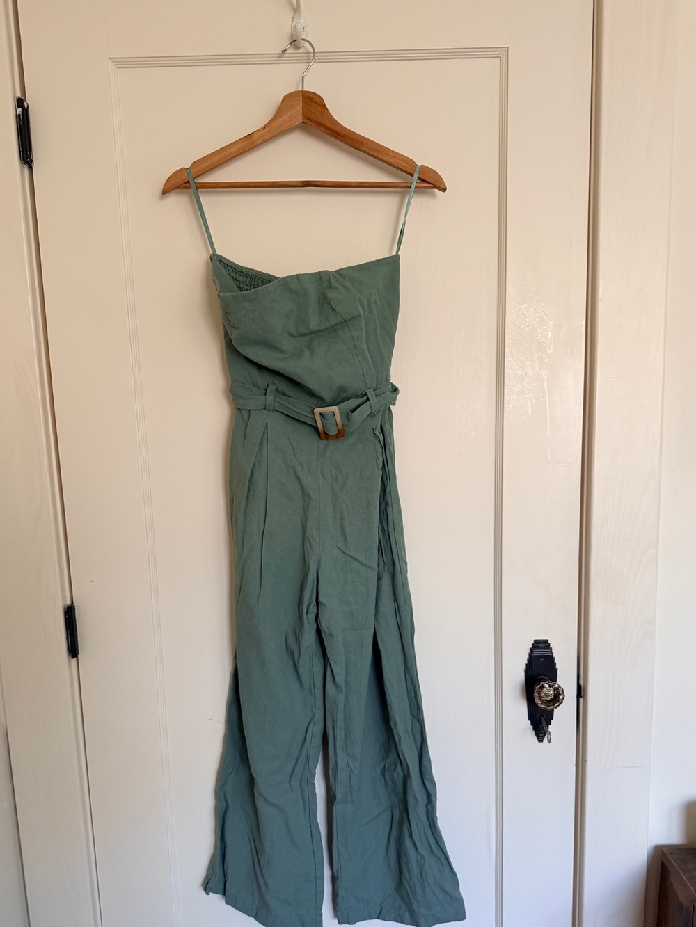Monteau Sage Green Belted Wide Leg Strapless  Linen Blend Jumpsuit - M